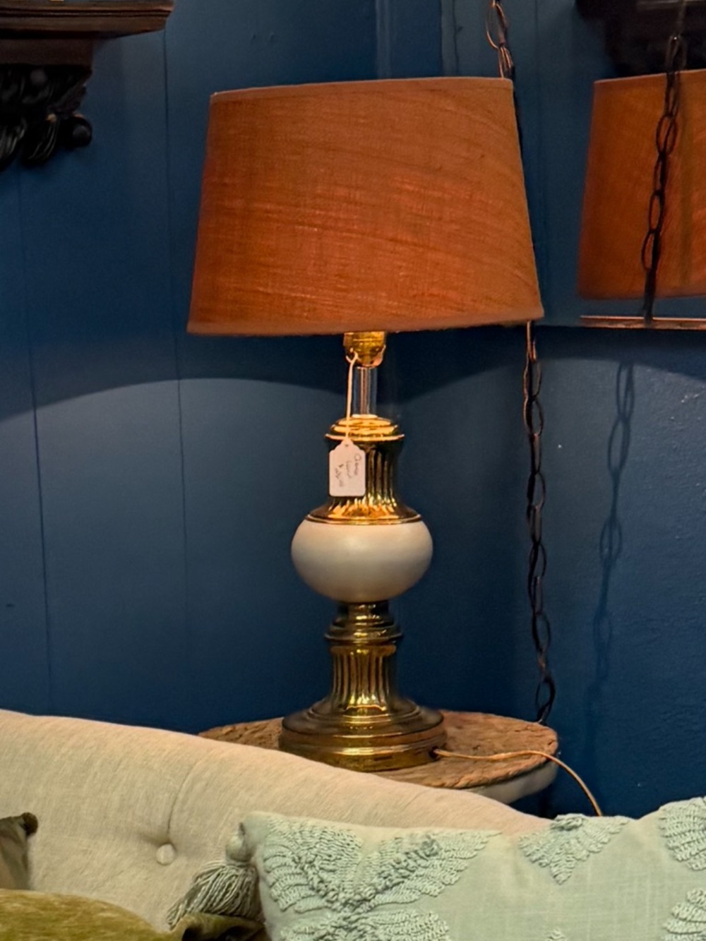 Vintage Brass Table Lamp with Cream Globe and Brown Shade